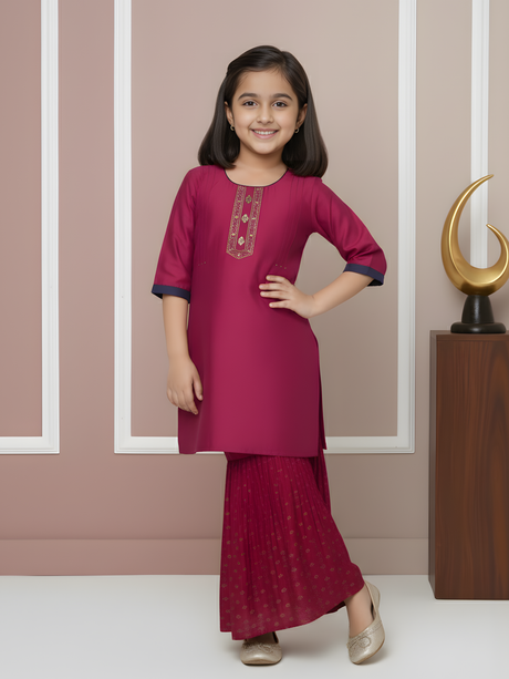 Girls' Magenta Art Silk Kurti and Printed Plazo Set