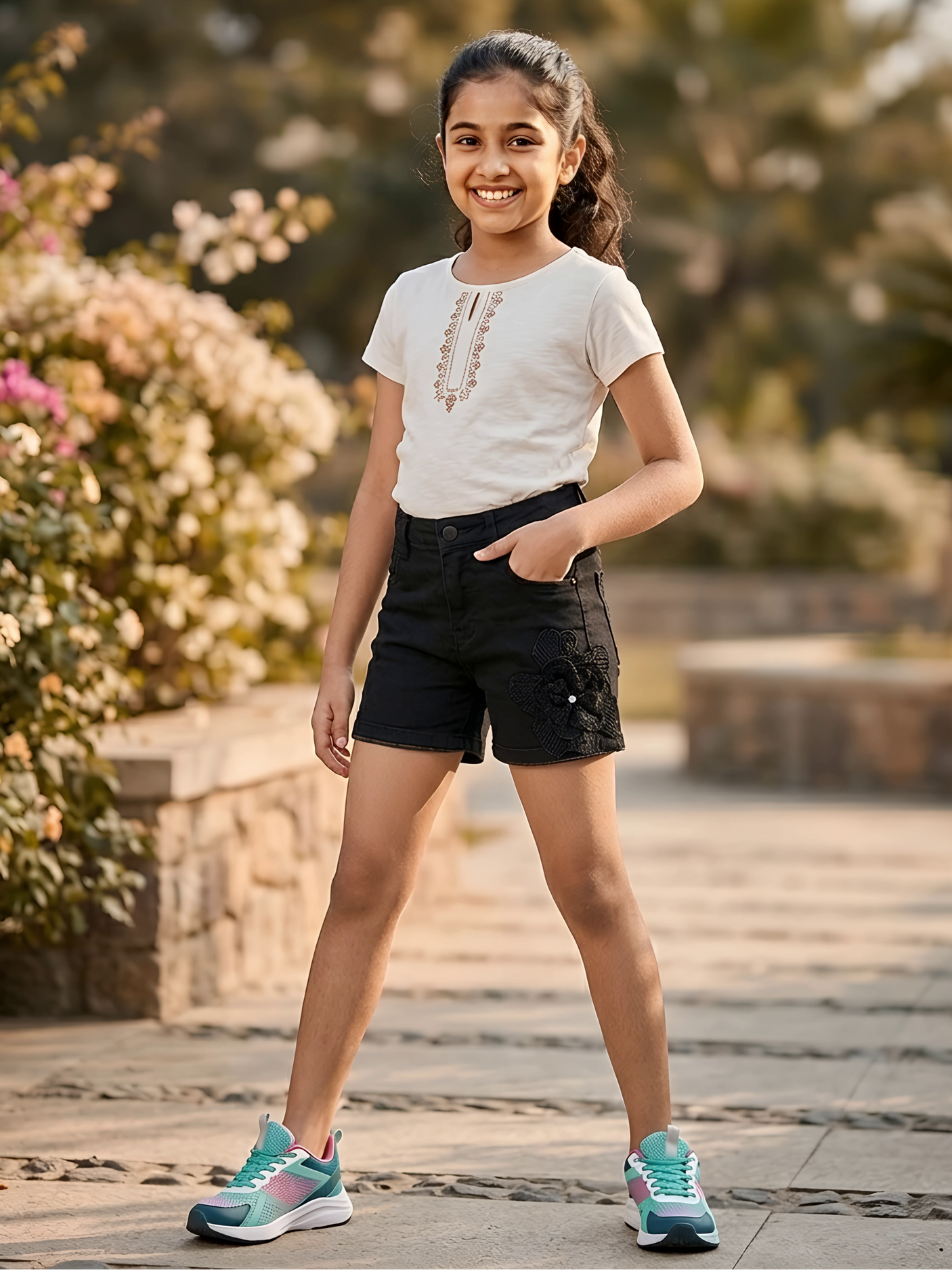 Girls' Black Embroidered Floral Denim Shorts