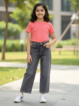 Girls' Grey High-Waisted Wide Leg Denim Jeans.