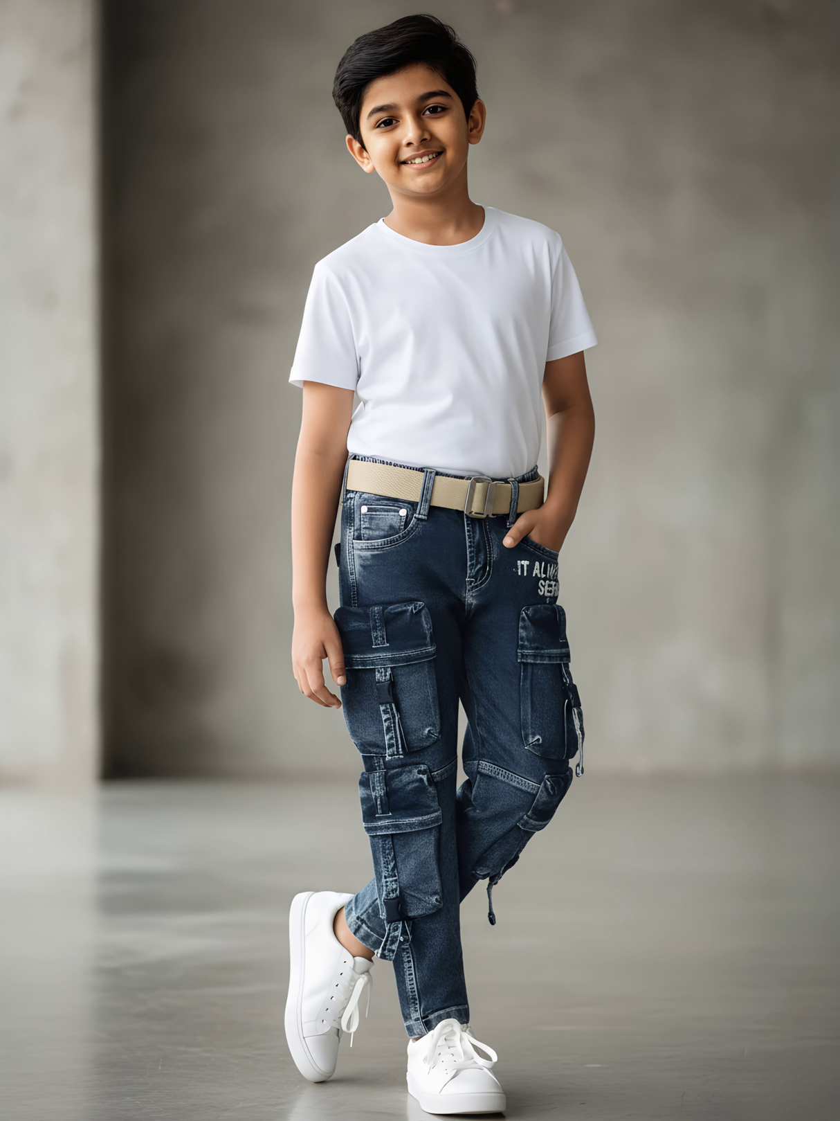 Boys Rugged Blue Multi-Pocket Cargo Jeans