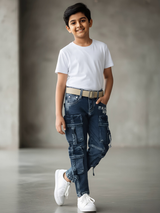 Boys Rugged Blue Multi-Pocket Cargo Jeans