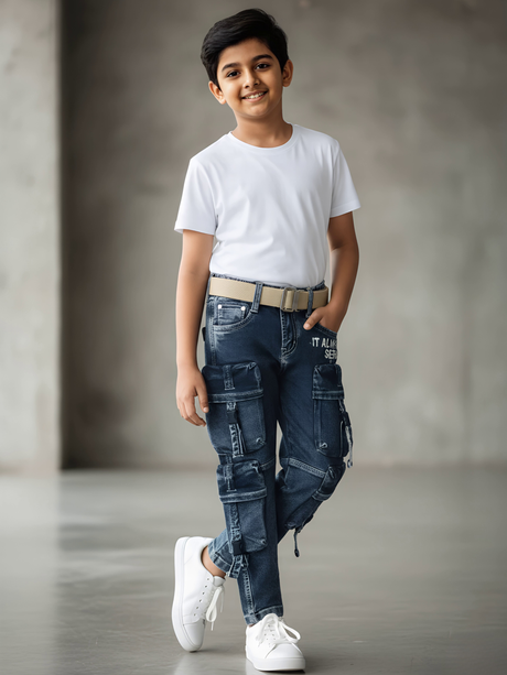 Boys Rugged Blue Multi-Pocket Cargo Jeans