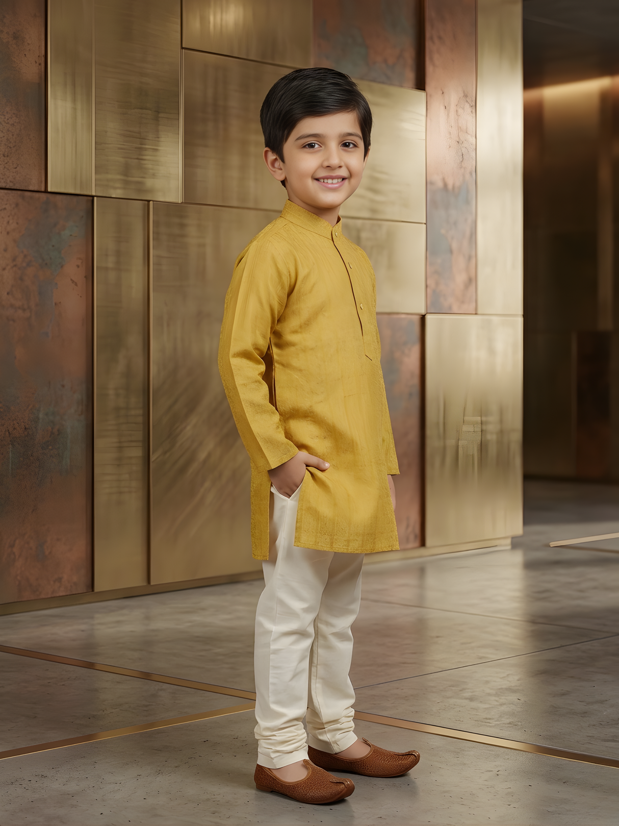 Boys' Mustard Yellow Printed Kurta Set