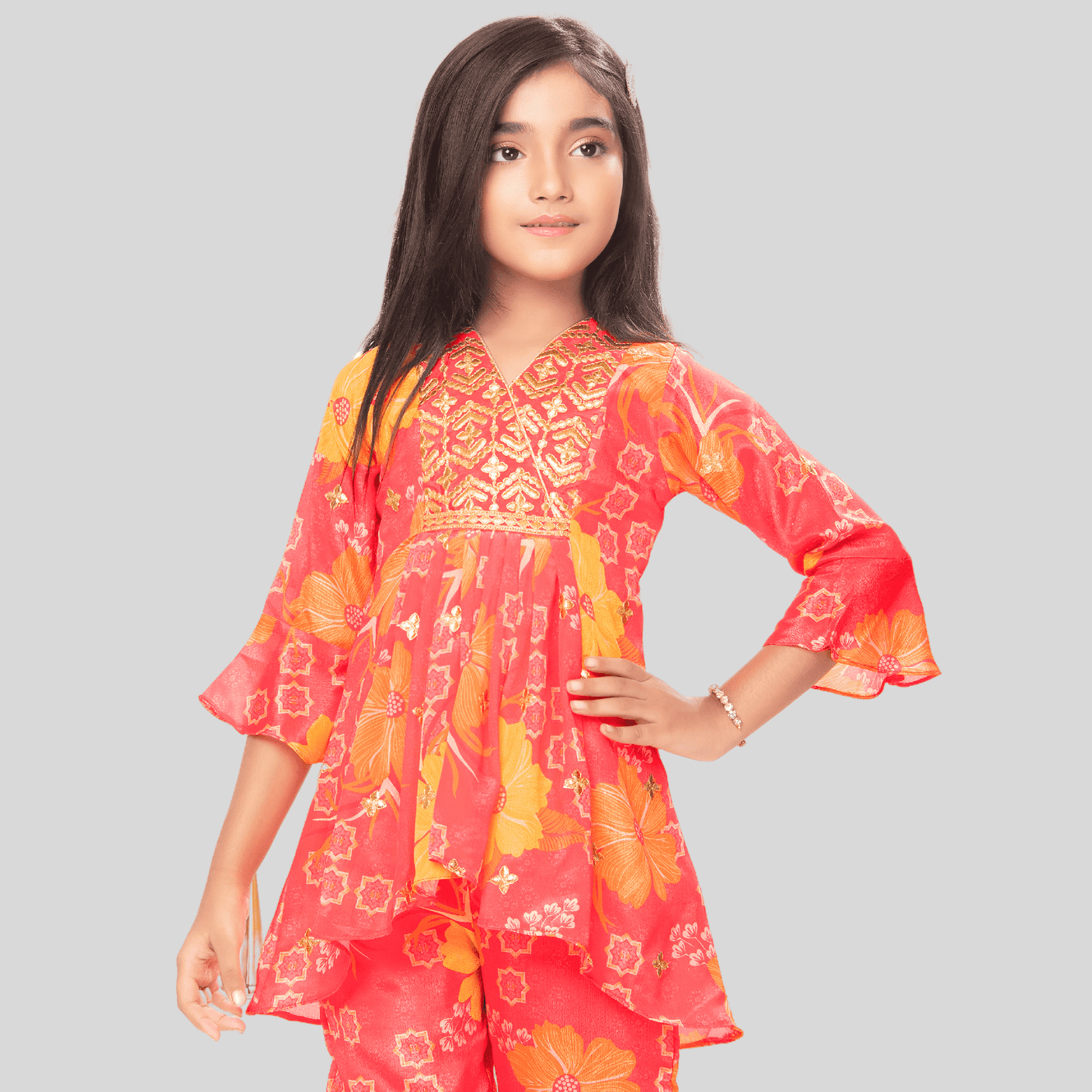 Girls Vibrant Red Floral Print Peplum Tunic and Trouser Set