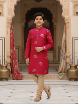 Boys Rani Pink Silk Kurta Set with Gold Elephant Motifs