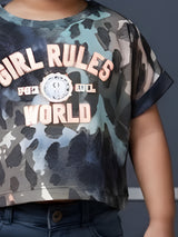 Girls Brown Cheetah Print "Girl Rules World" Crop Tee