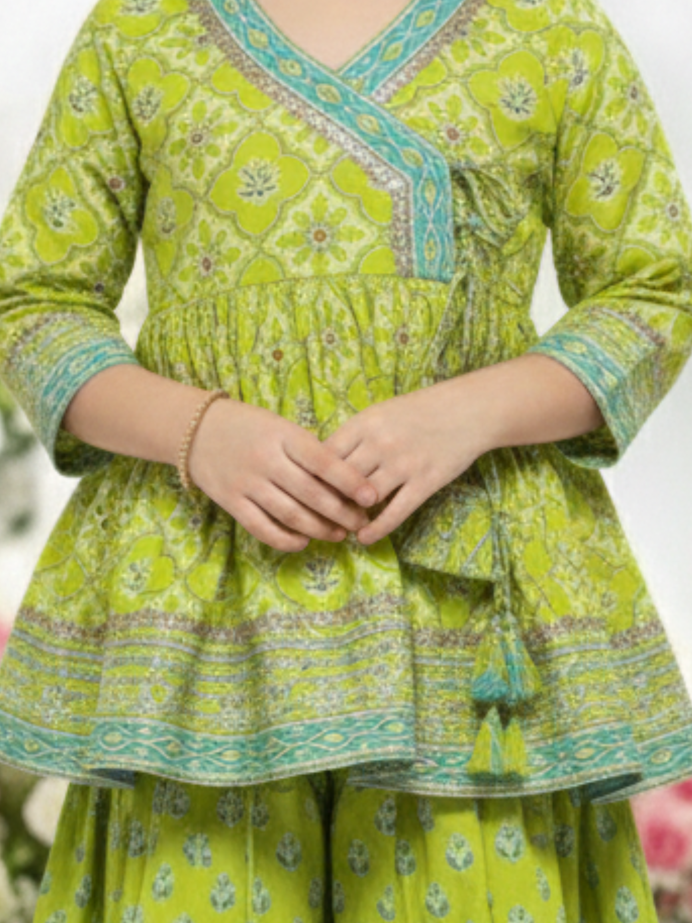 Girls' Elegant Teal Floral Print Angrakha Kurti, Trouser & Dupatta Set