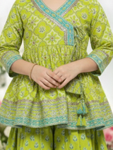 Girls' Elegant Teal Floral Print Angrakha Kurti, Trouser & Dupatta Set