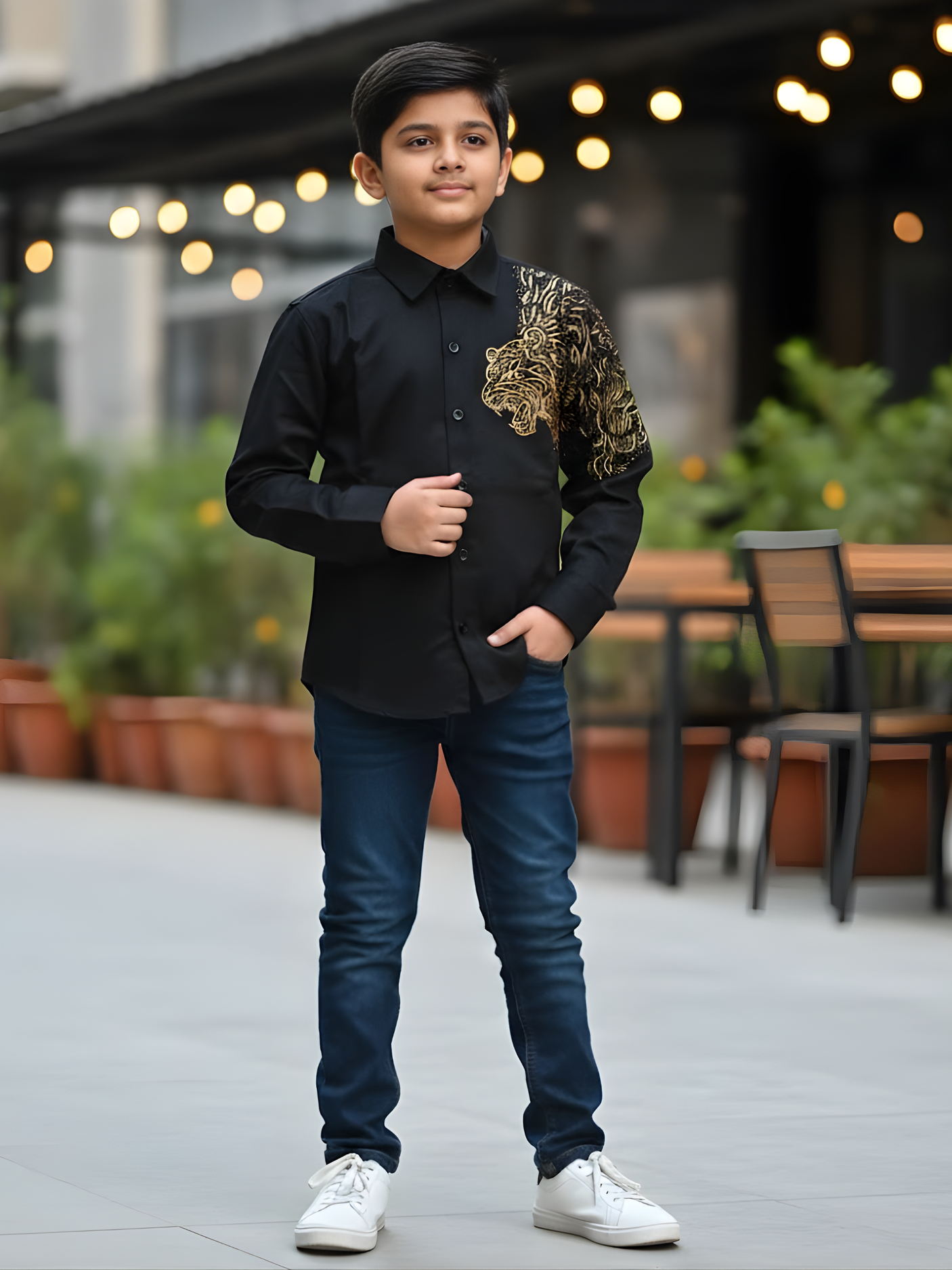 Boys Black & Gold Lion Art Party Wear Shirt