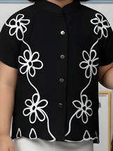 Girls Black Mandarin Collar Shirt with White Floral Embroidery