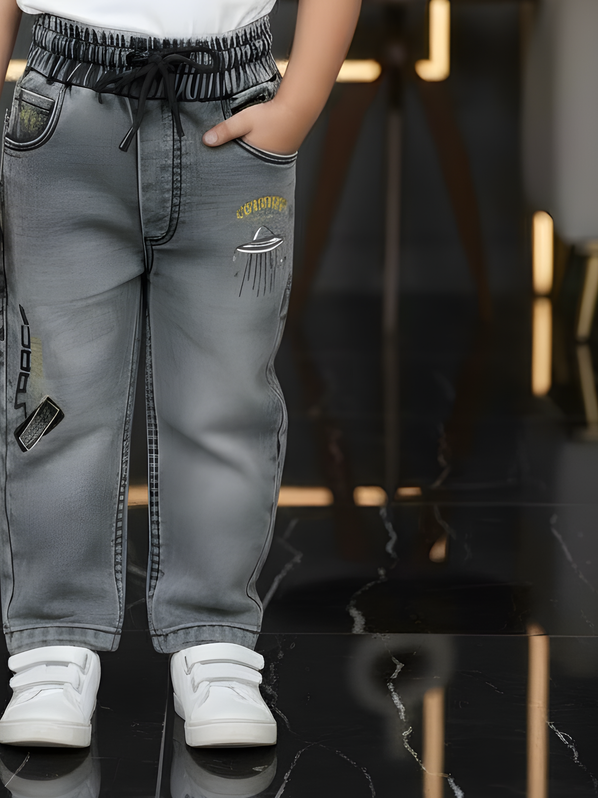 Boys' Grey Acid Wash Space Graphic Jogger Jeans.