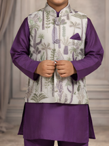 Boys' Deep Purple Kurta Set with Tropical Print Nehru Jacket