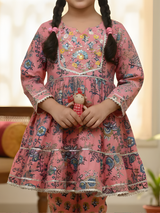 Girls' Deep Peach & Blue Floral Printed Peplum Kurti with Matching Trousers