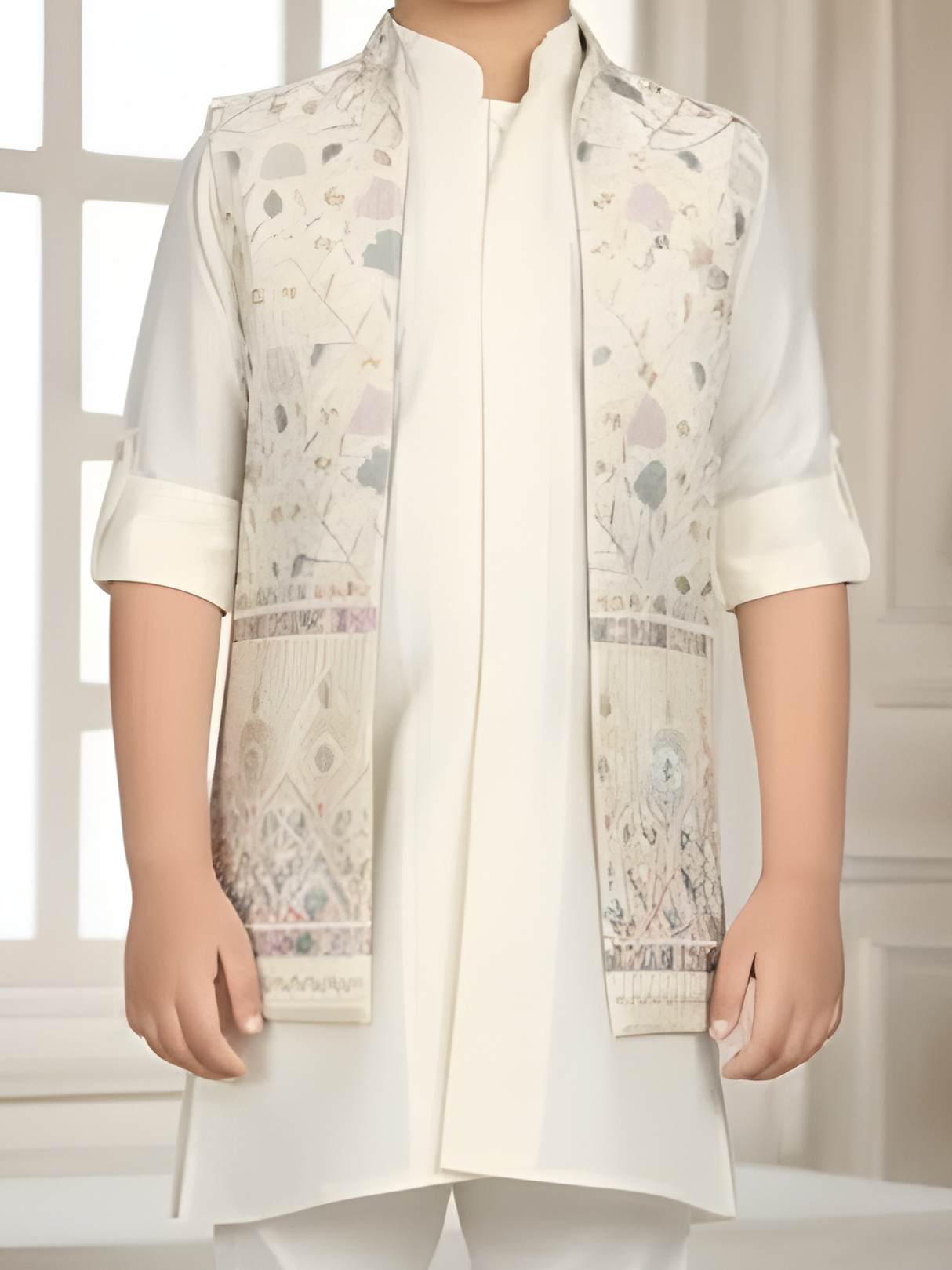 Boys' Luxurious Cream Kurta Set with Gold Sequined Waistcoat (3-Piece)