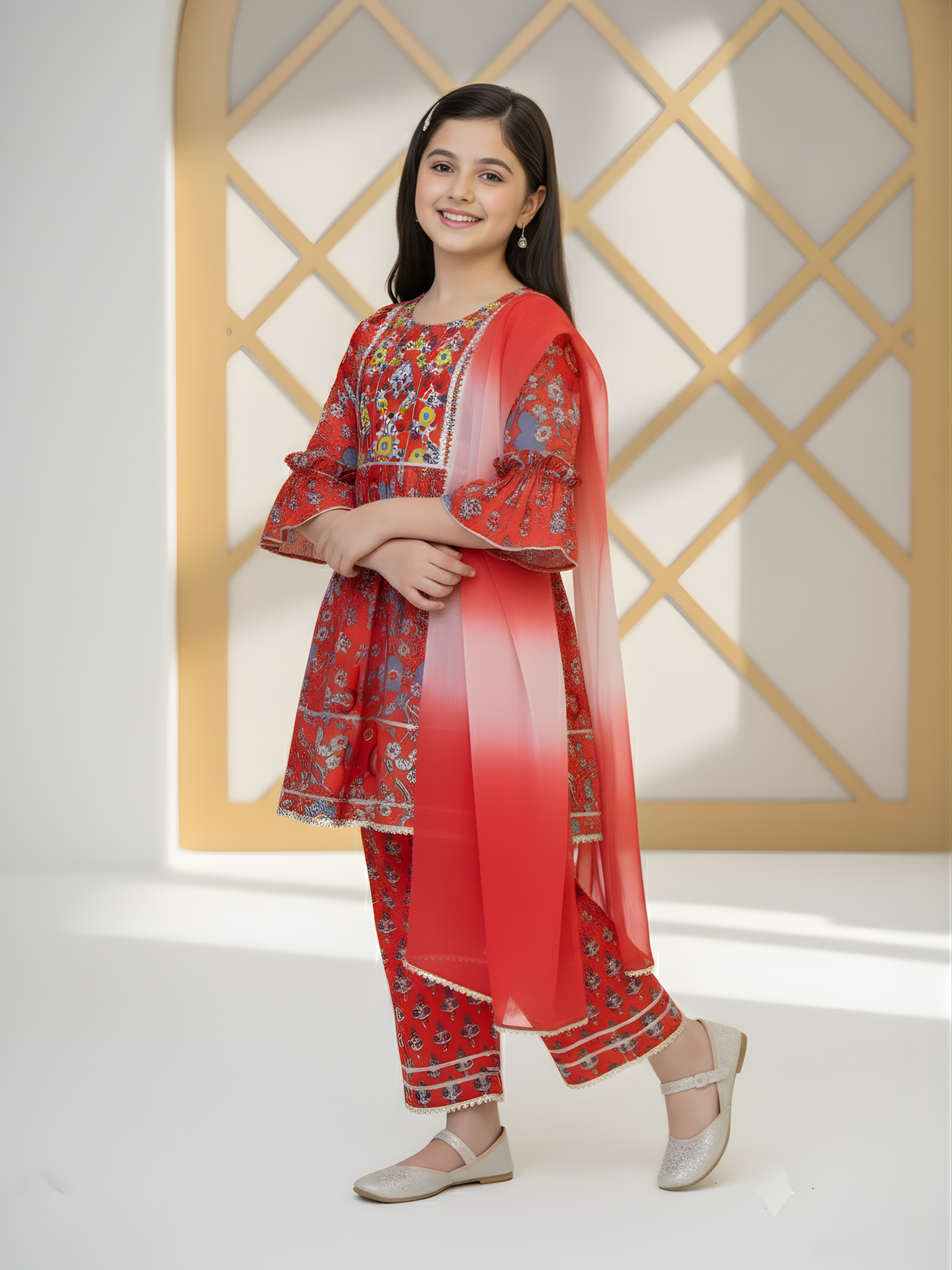 Girls' Red Block Print Style Kurta Sharara Set | Traditional Festive Outfit.