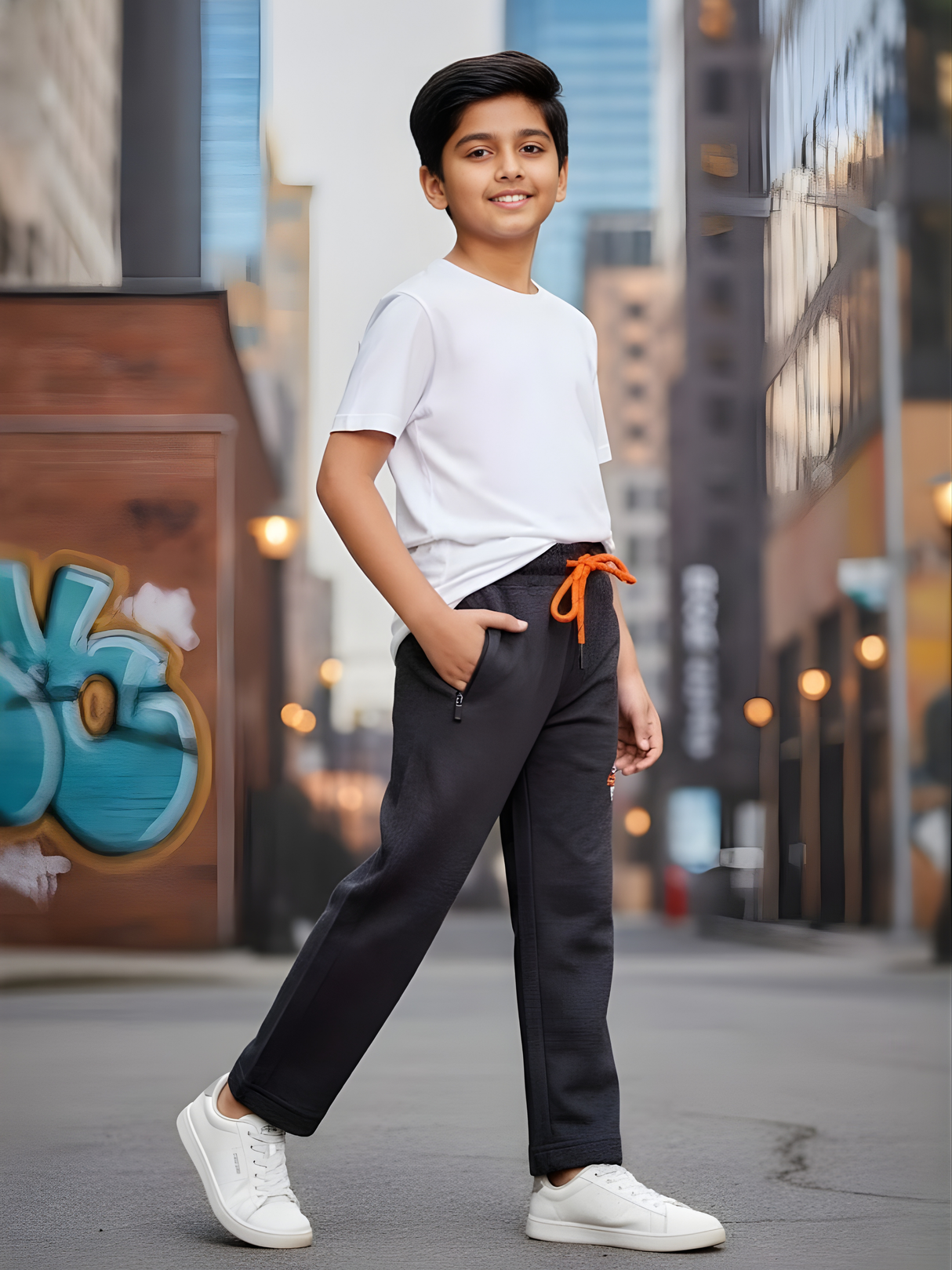 Boys' Premium Grey Melange Track Pants with Sporty Circular Print