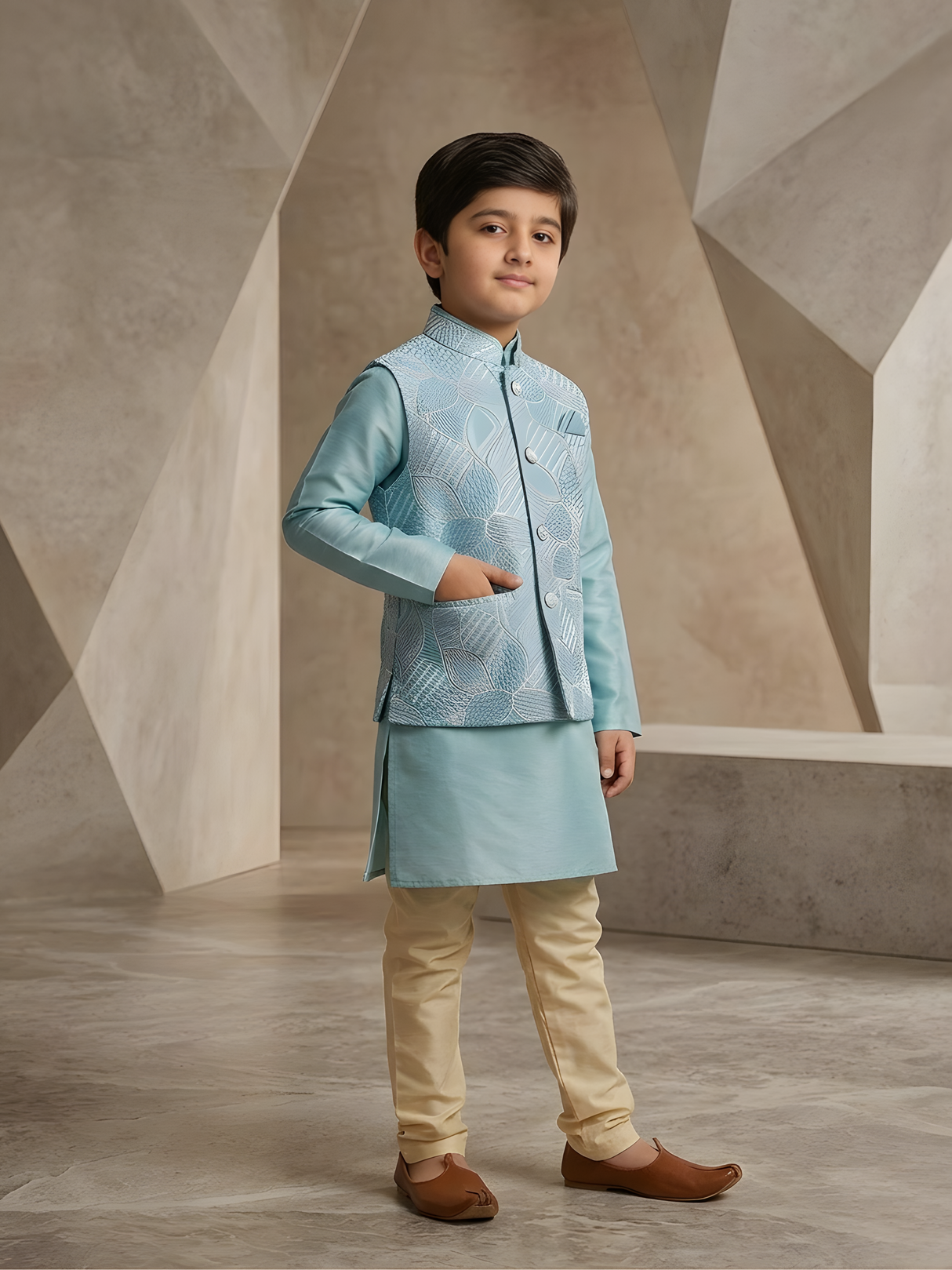 Boys Traditional With Work Chuddidar Kurta with Koti - Sky Blue