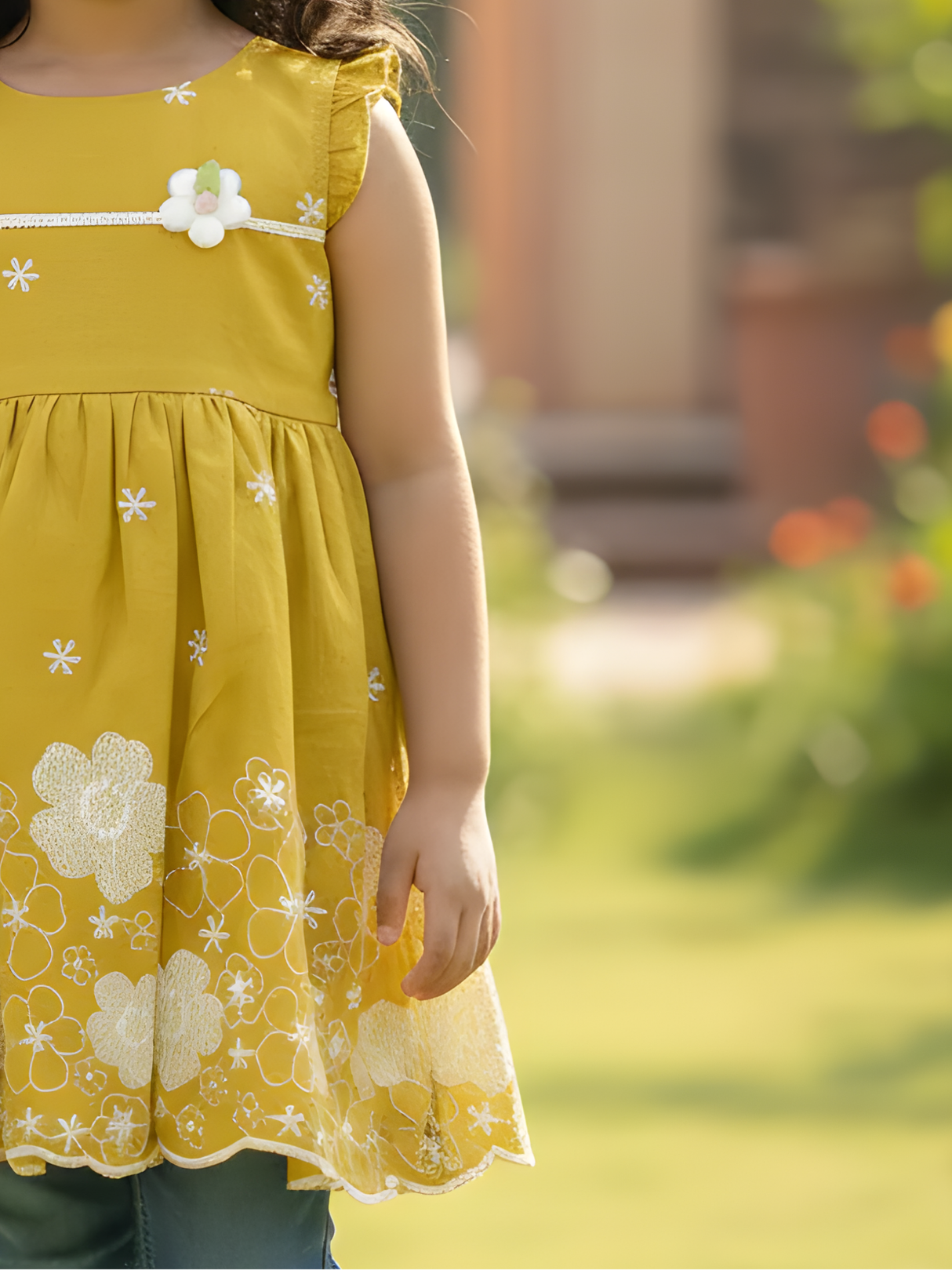 Girls' Casual Mustard Yellow Cotton Frock with White Embroidery