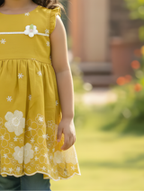 Girls' Casual Mustard Yellow Cotton Frock with White Embroidery