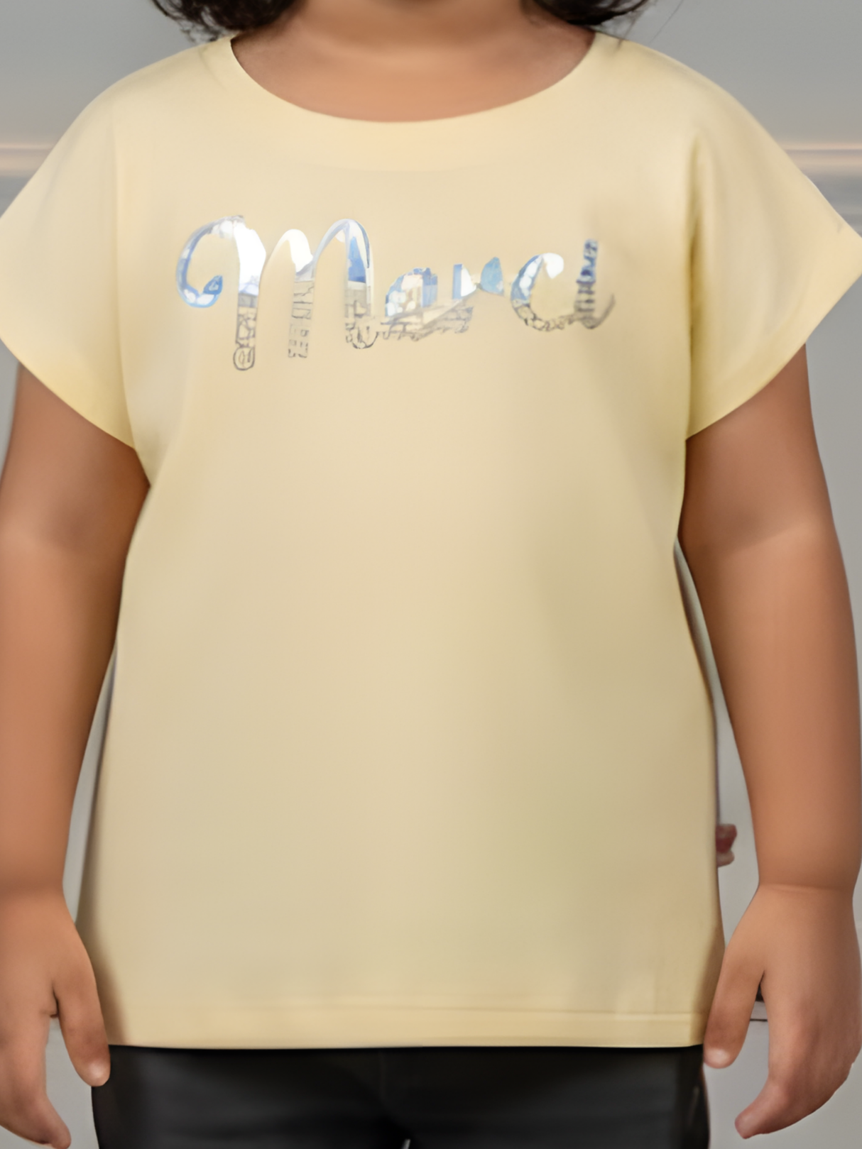 Girls Pastel Yellow "Merci" Graphic Ribbed Tee