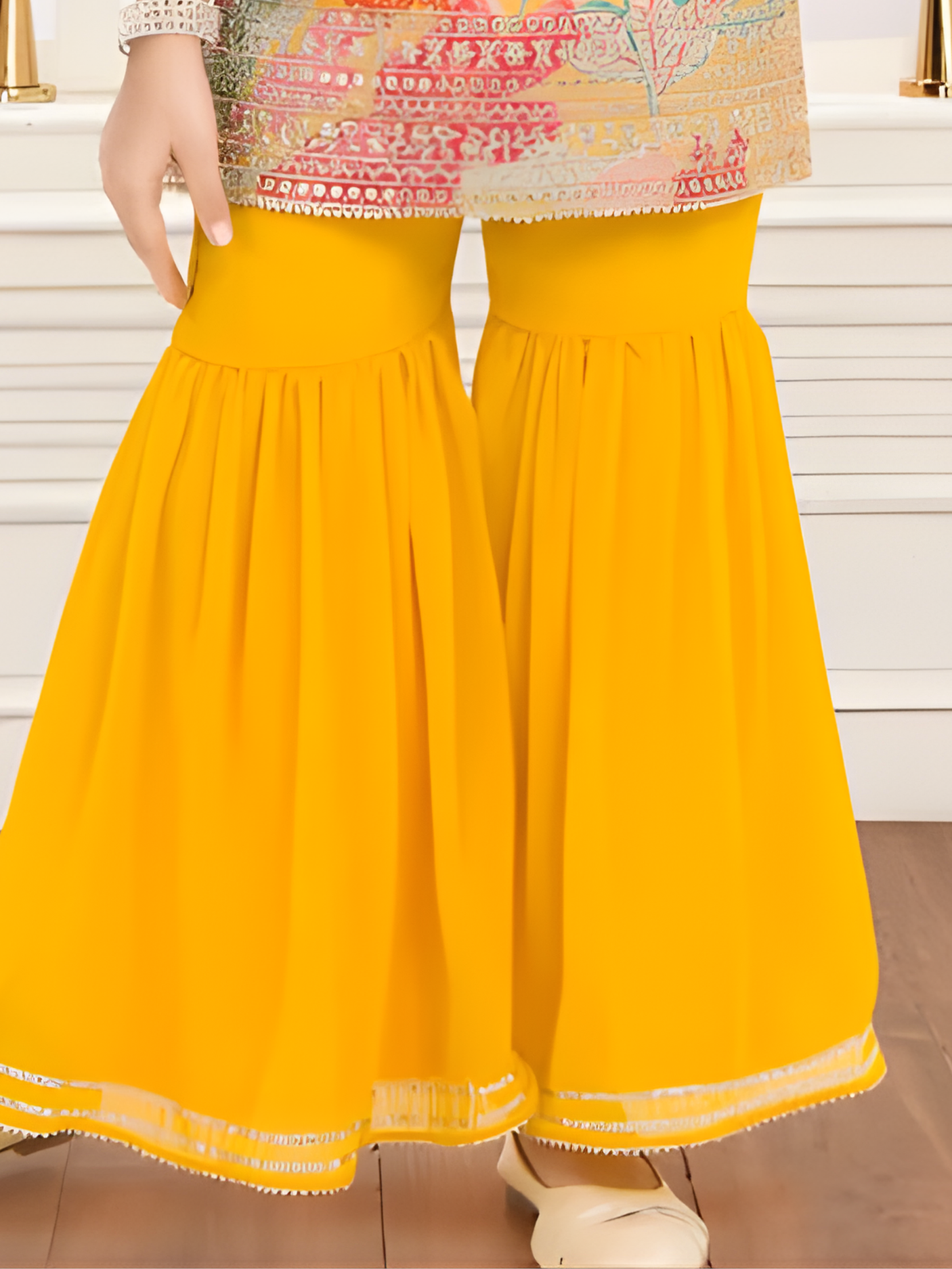 Girls' Floral Print Kurti & Tiered Yellow Sharara Set