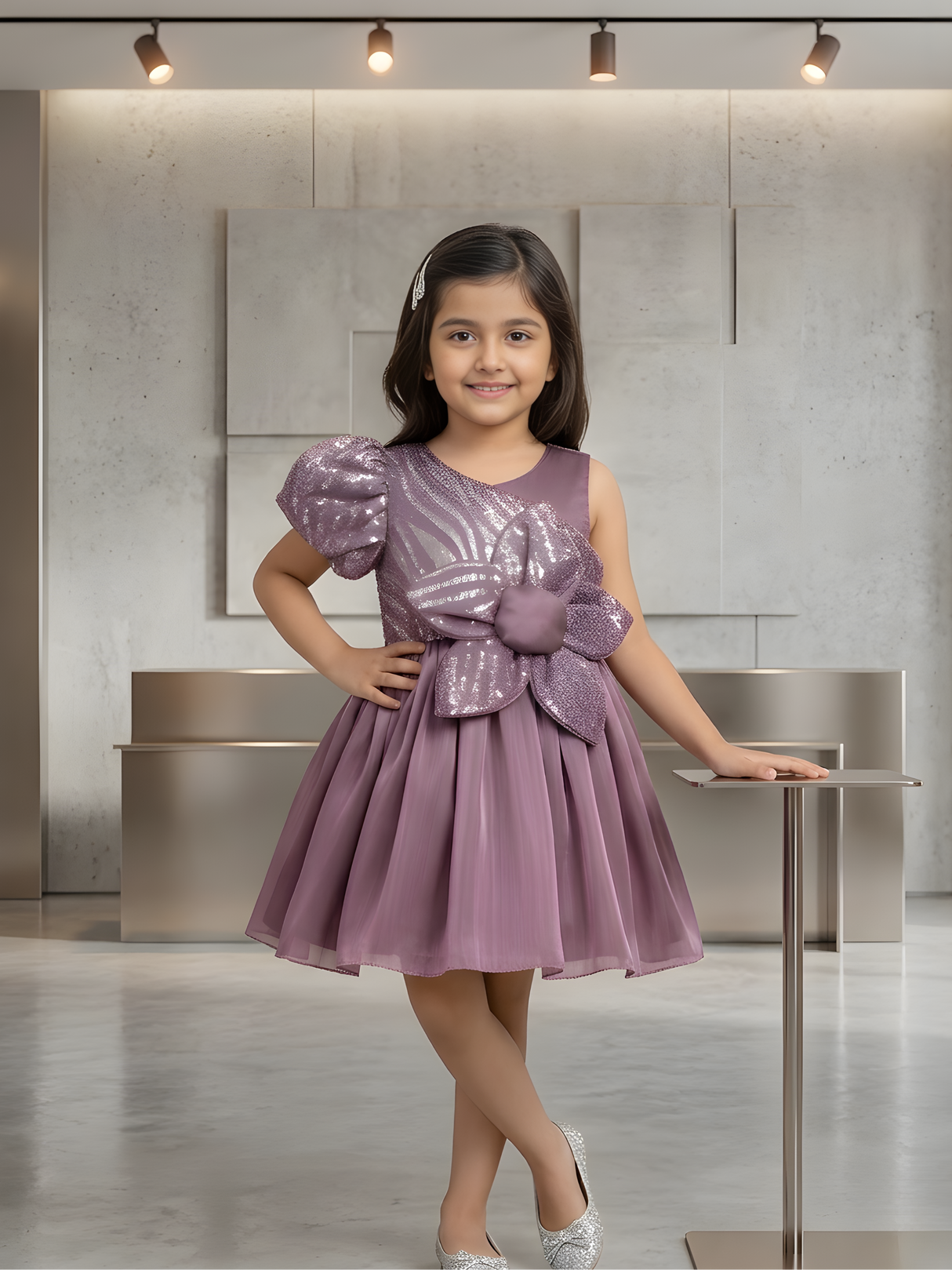 Girls' Mauve One-Shoulder Party Frock with Sequin Zebra Print and Flower.