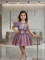 Girls' Mauve One-Shoulder Party Frock with Sequin Zebra Print and Flower.