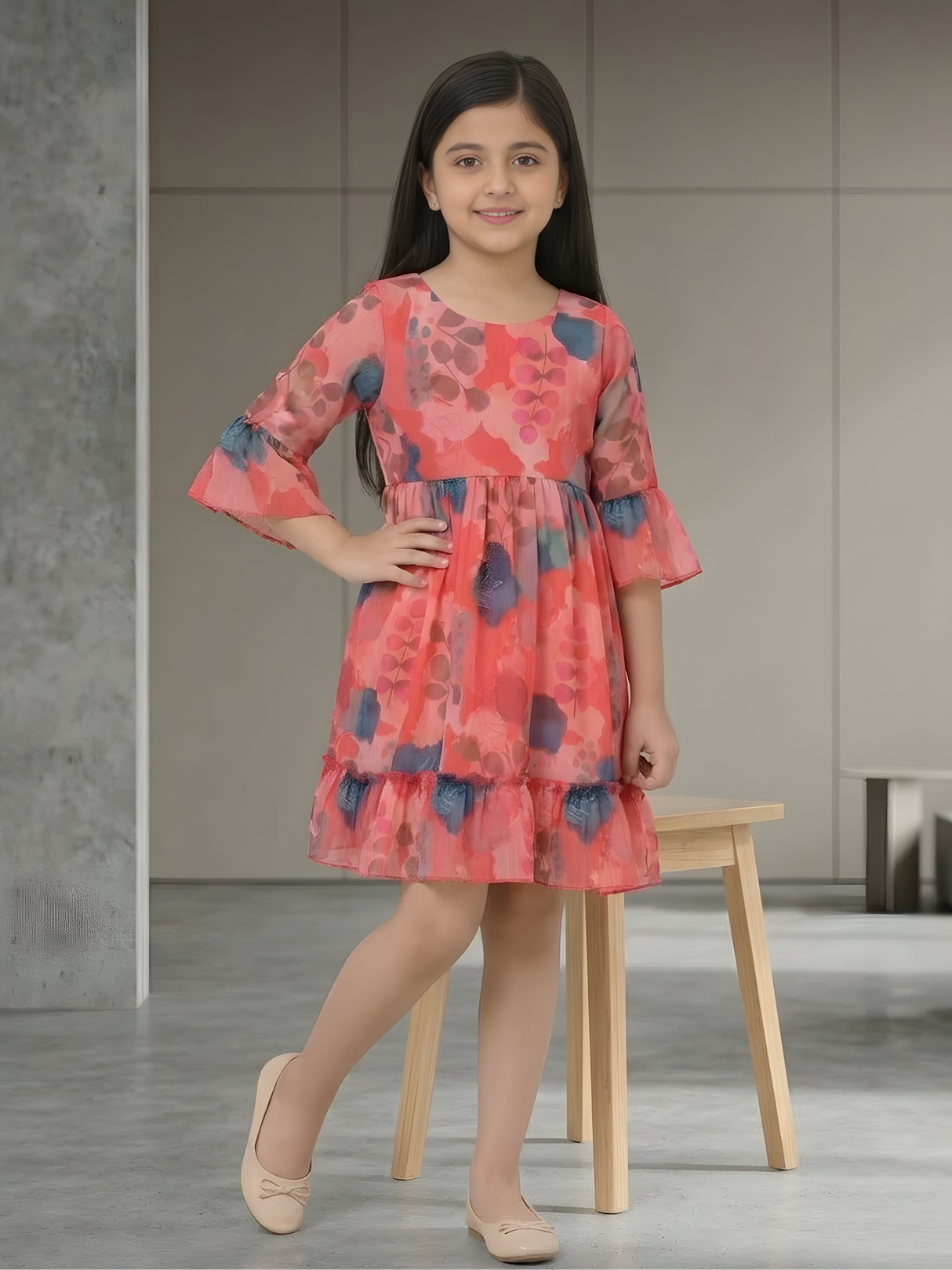 Vibrant Watercolor Floral Frock with Bell Sleeves and Ruffle Hem