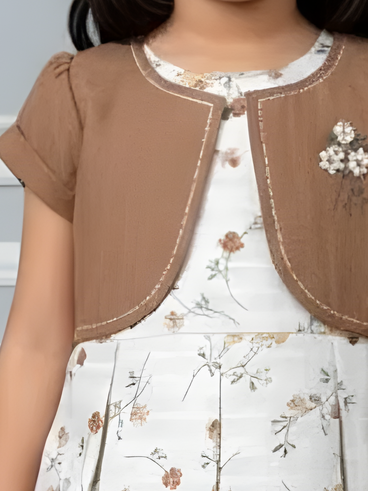 Girls' Floral Print Frock with Brown Bolero Jacket Set