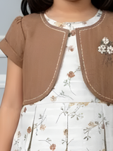 Girls' Floral Print Frock with Brown Bolero Jacket Set