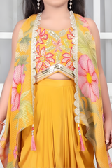 Girls' Vibrant Yellow Dhoti Set with Floral Shrug & Embroidered Top