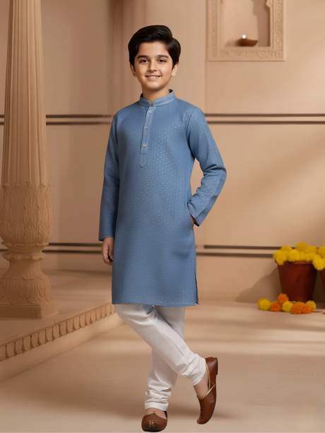 Boys Blue Textured Kurta with White Pajama Set