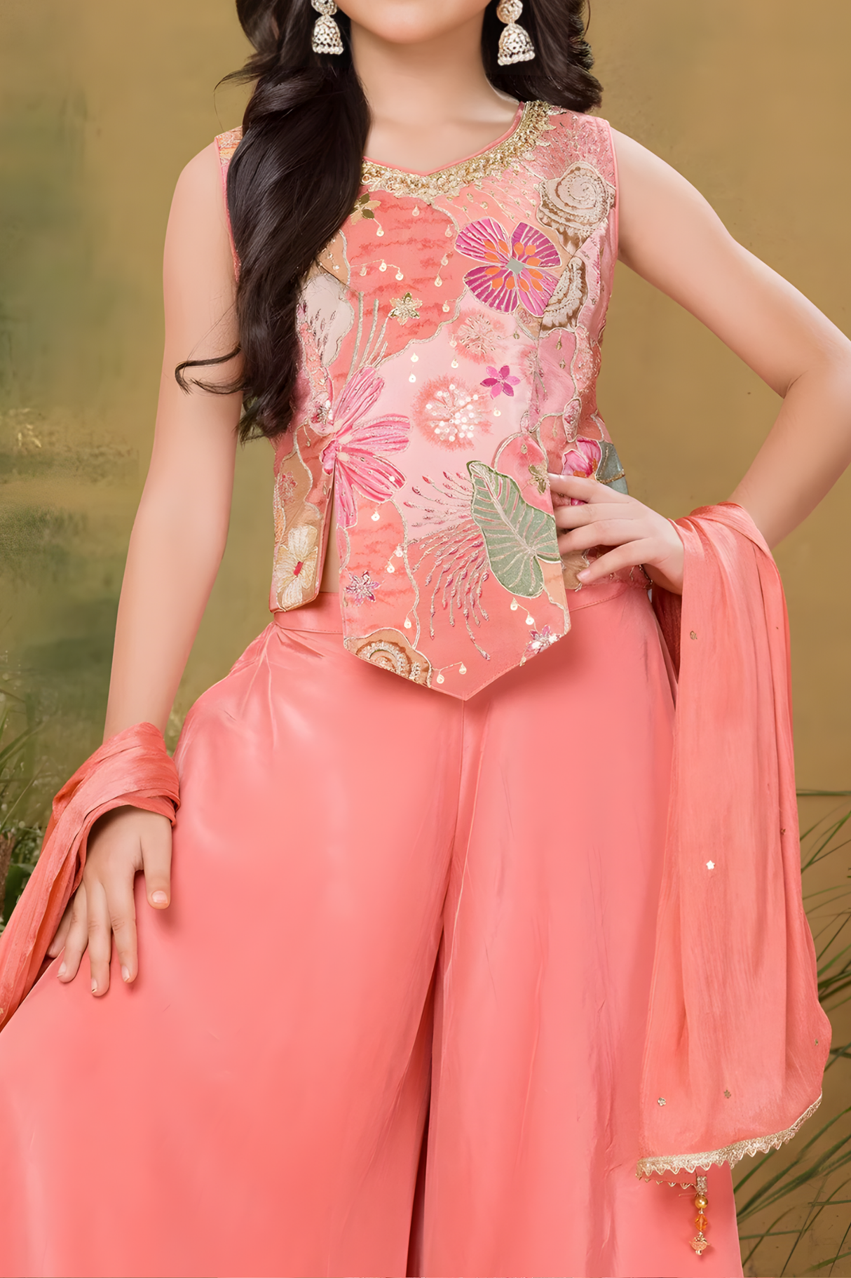 Girls' Floral Embroidered Sharara Set