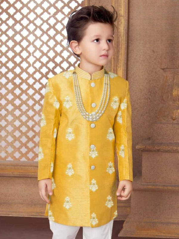 Boys Traditional Printed Regular Sherwani - Yellow