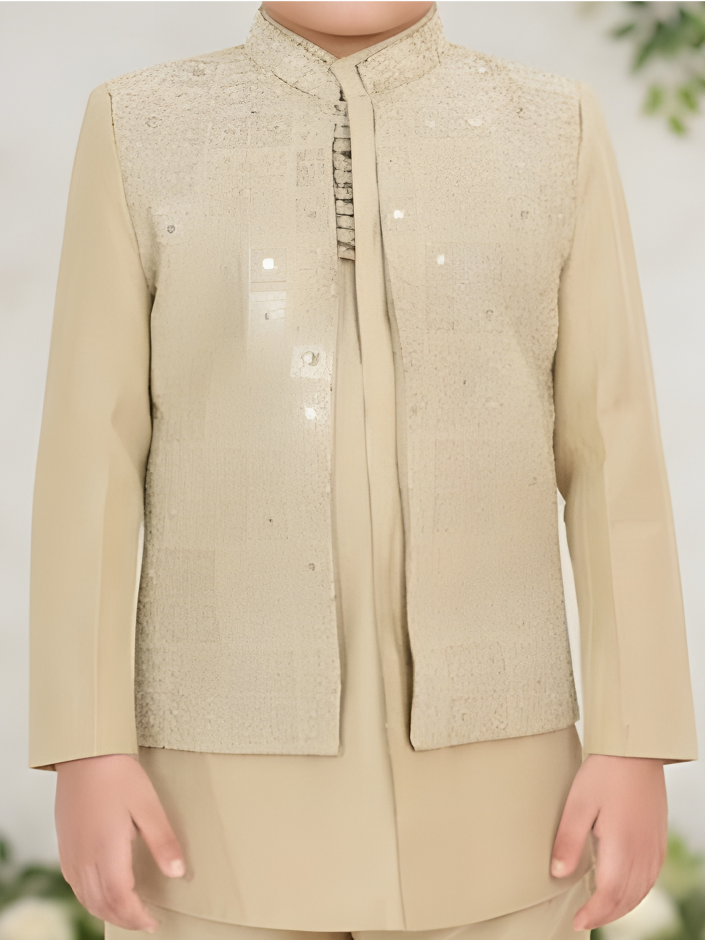 Boys' Fawn Beige Kurta Pajama Set with Embroidered Nehru Jacket