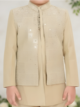 Boys' Fawn Beige Kurta Pajama Set with Embroidered Nehru Jacket