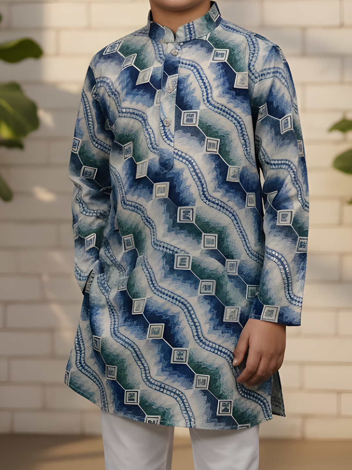 Premium Navy Blue Geometric Print Kurta with White Pajama