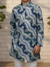 Premium Navy Blue Geometric Print Kurta with White Pajama