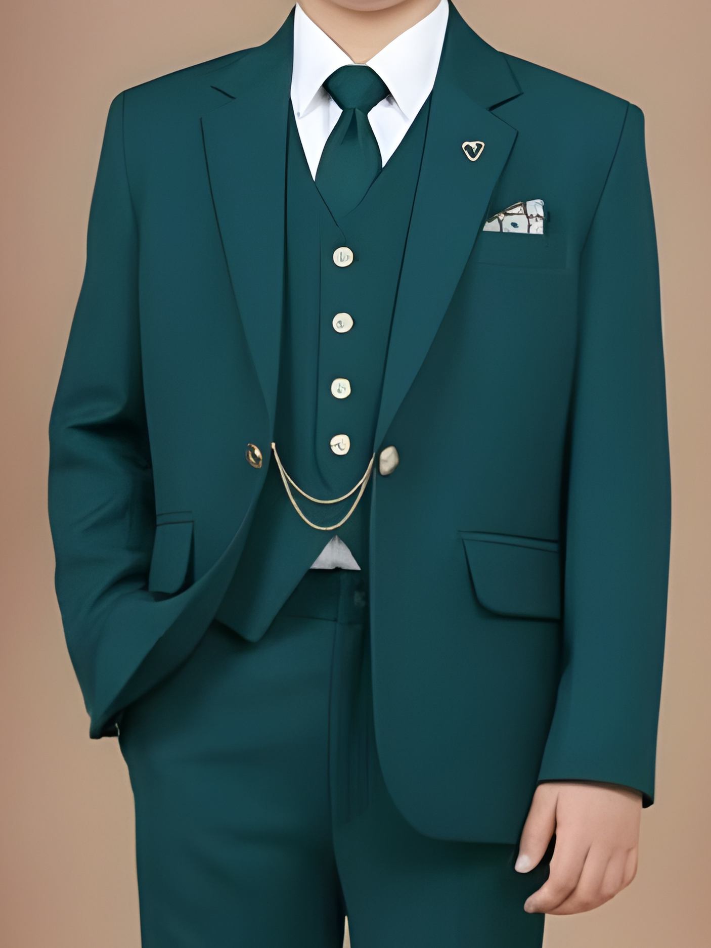 Boys' Teal Blue 5-Piece Formal Suit Set with Vest and Tie