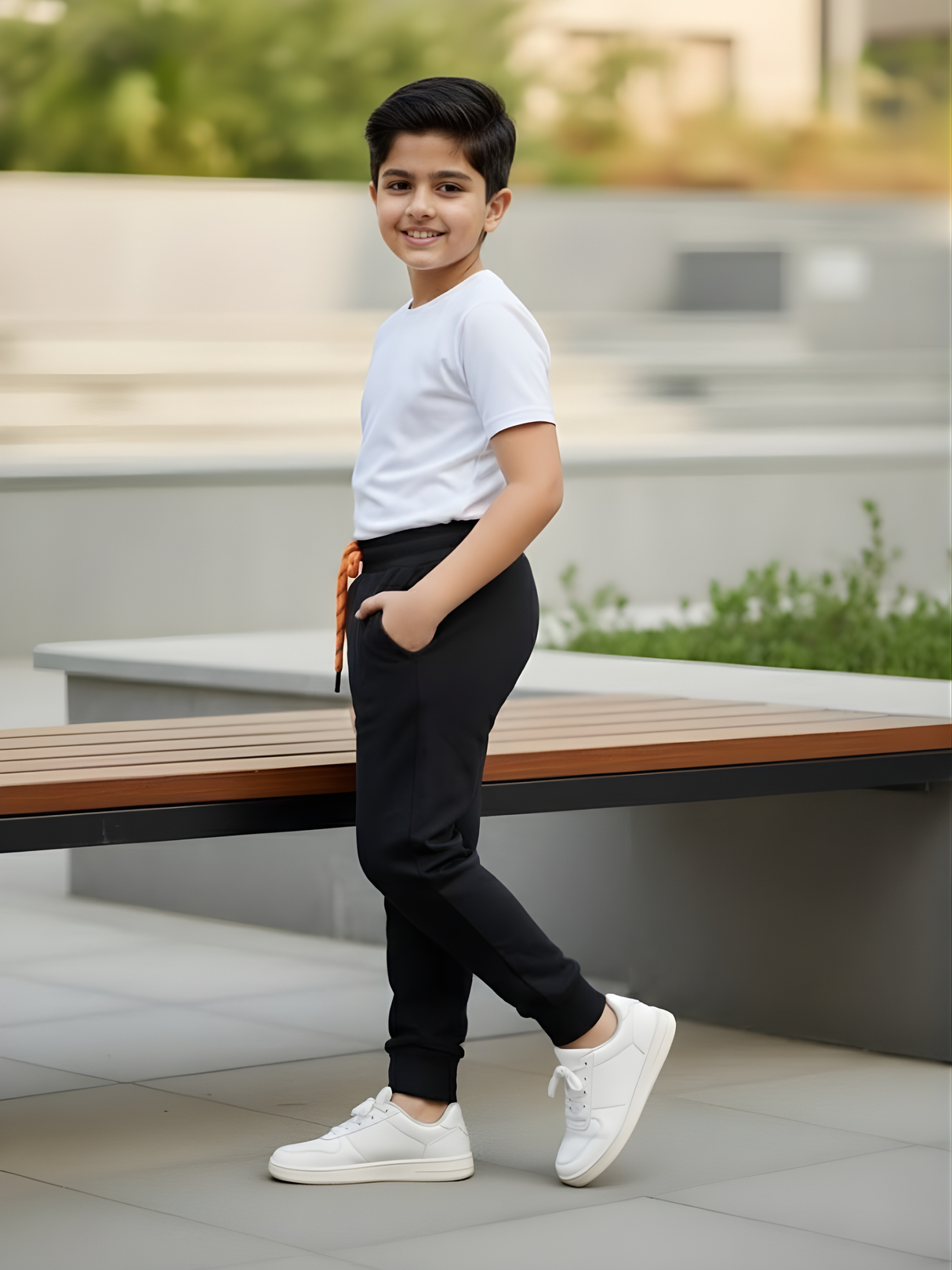 Boys' Black Cotton Blend Joggers with Contrast Orange Drawstring