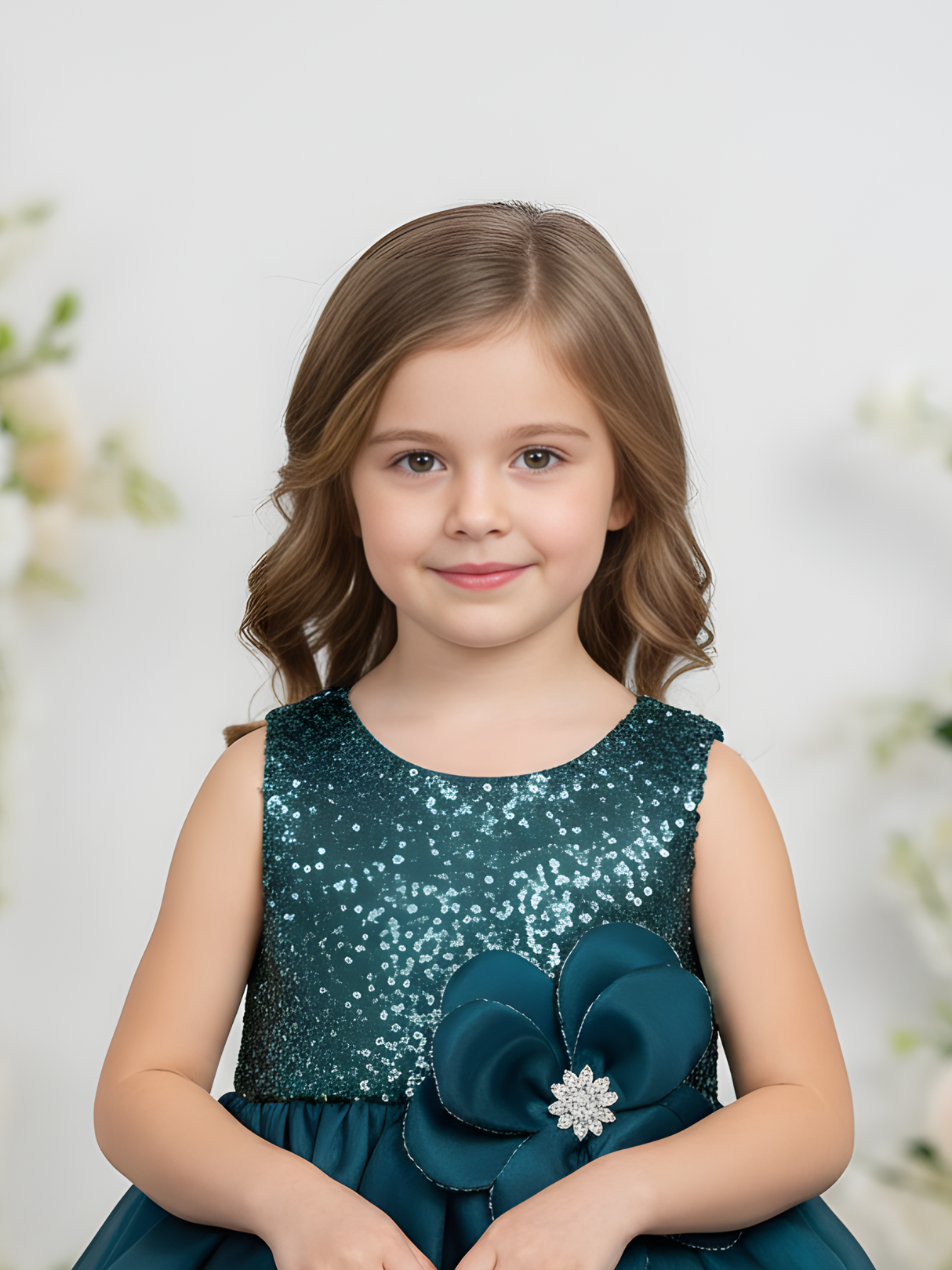 Girls' Teal Blue Sequin Bodice Party Frock with Satin Flower.