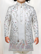 Cream Embroidered Kurta Set with Floral Jacket for Boys