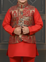 Boys Pink Silk Kurta Set with Intricate Printed Nehru Jacket