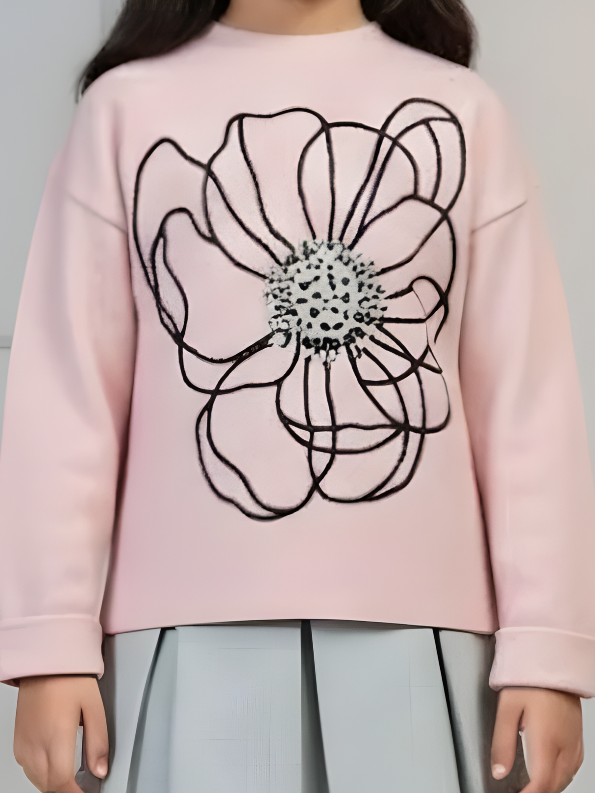 Girls' Pink Long Sleeve T-Shirt with Black Floral Graphic