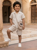 Boys’ Cream Vertical Stripe Co-ord Set with Matching Crossbody Bag