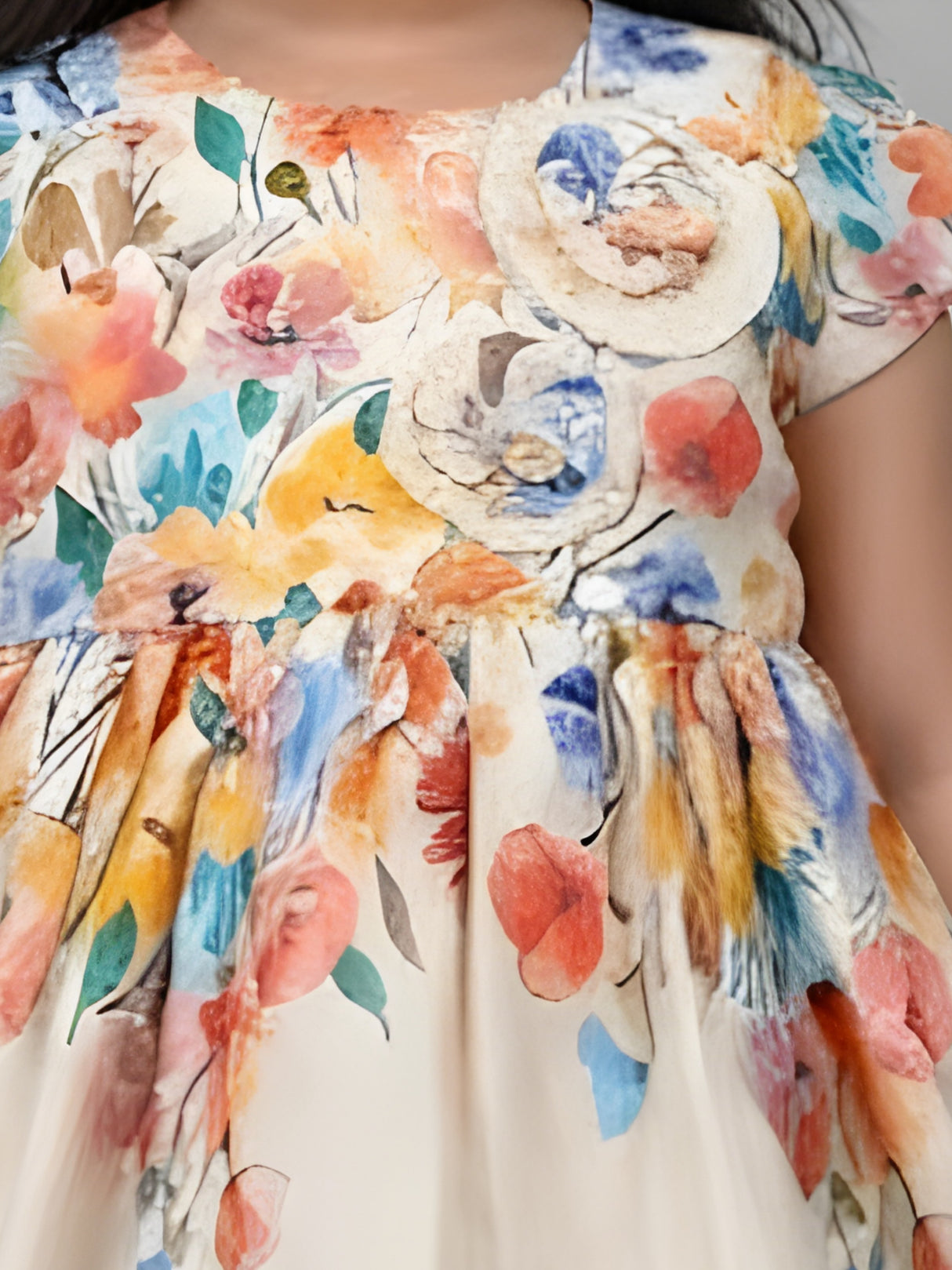 Girls Cream Floral Print A-Line Frock with Rosette Detail