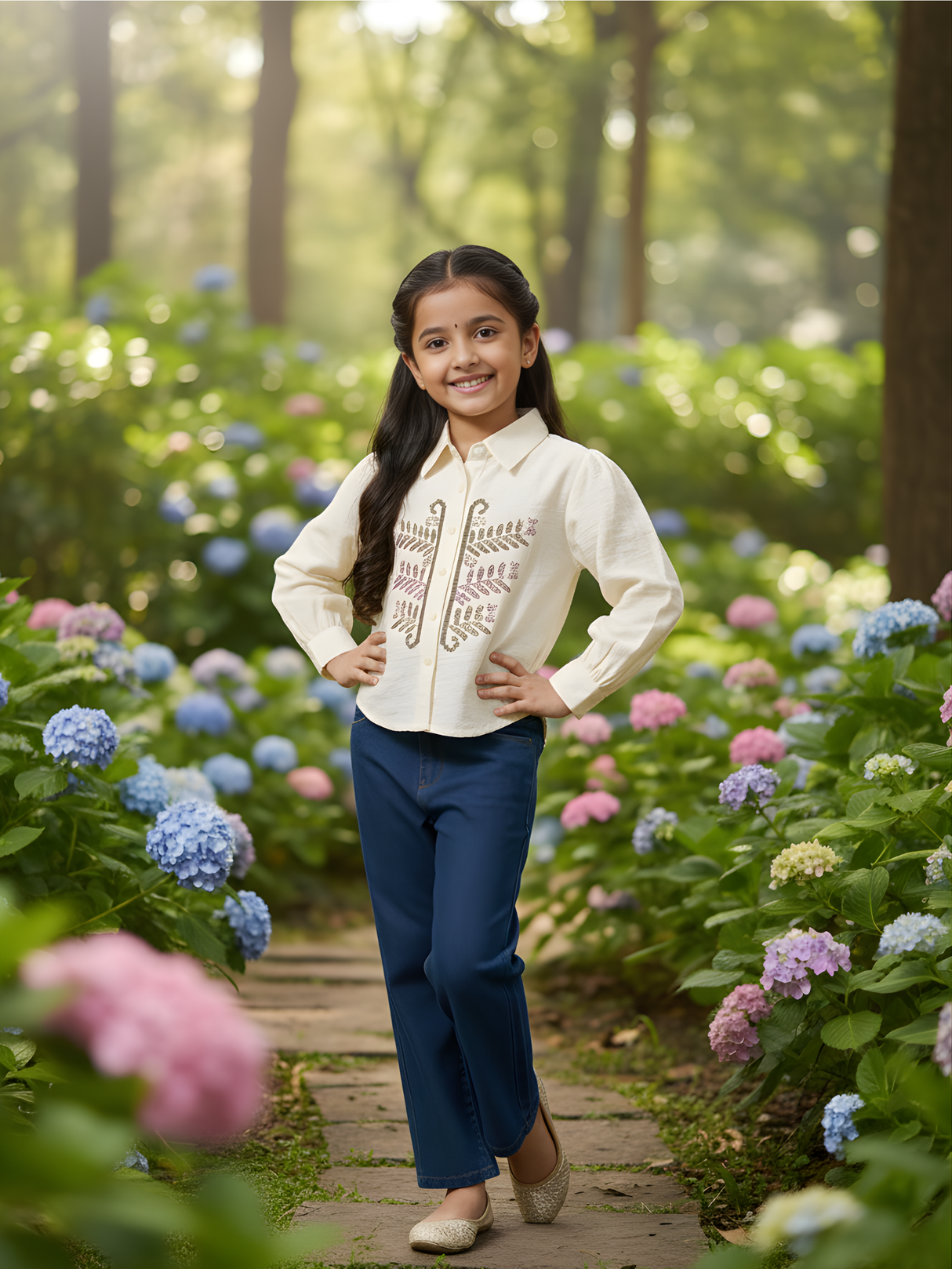 Girls' Embroidered Puff-Sleeve Collared Blouse | Cream & Brown