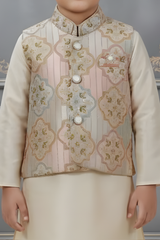 Boys' Cream Silk-Blend Kurta Set with Pastel Floral Nehru Jacket