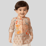 Boys Traditional Printed Chudidar Kurta with Koti - Fawn