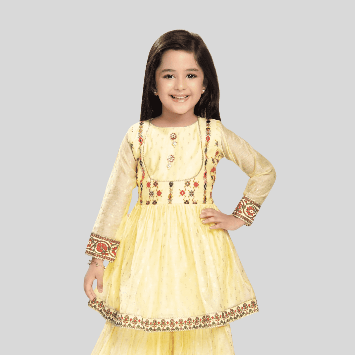 Girls Traditional Full Sleeves Sharara Set - Yellow